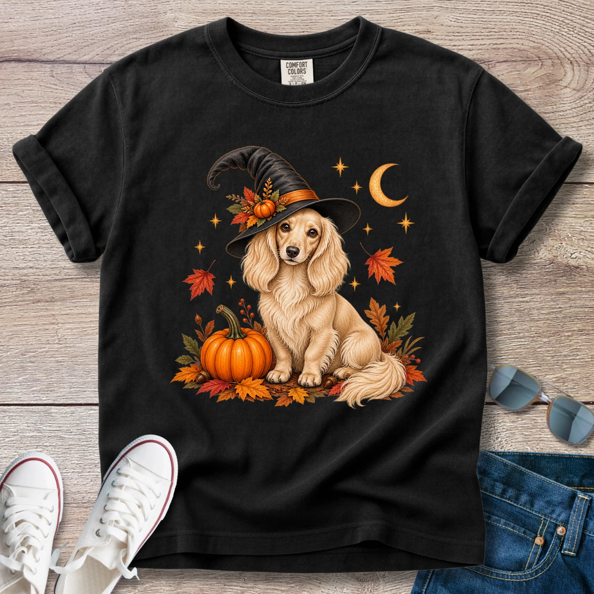 Fall Witch Dachshund T-Shirt | Cream Longhaired Doxie Autumn Tee