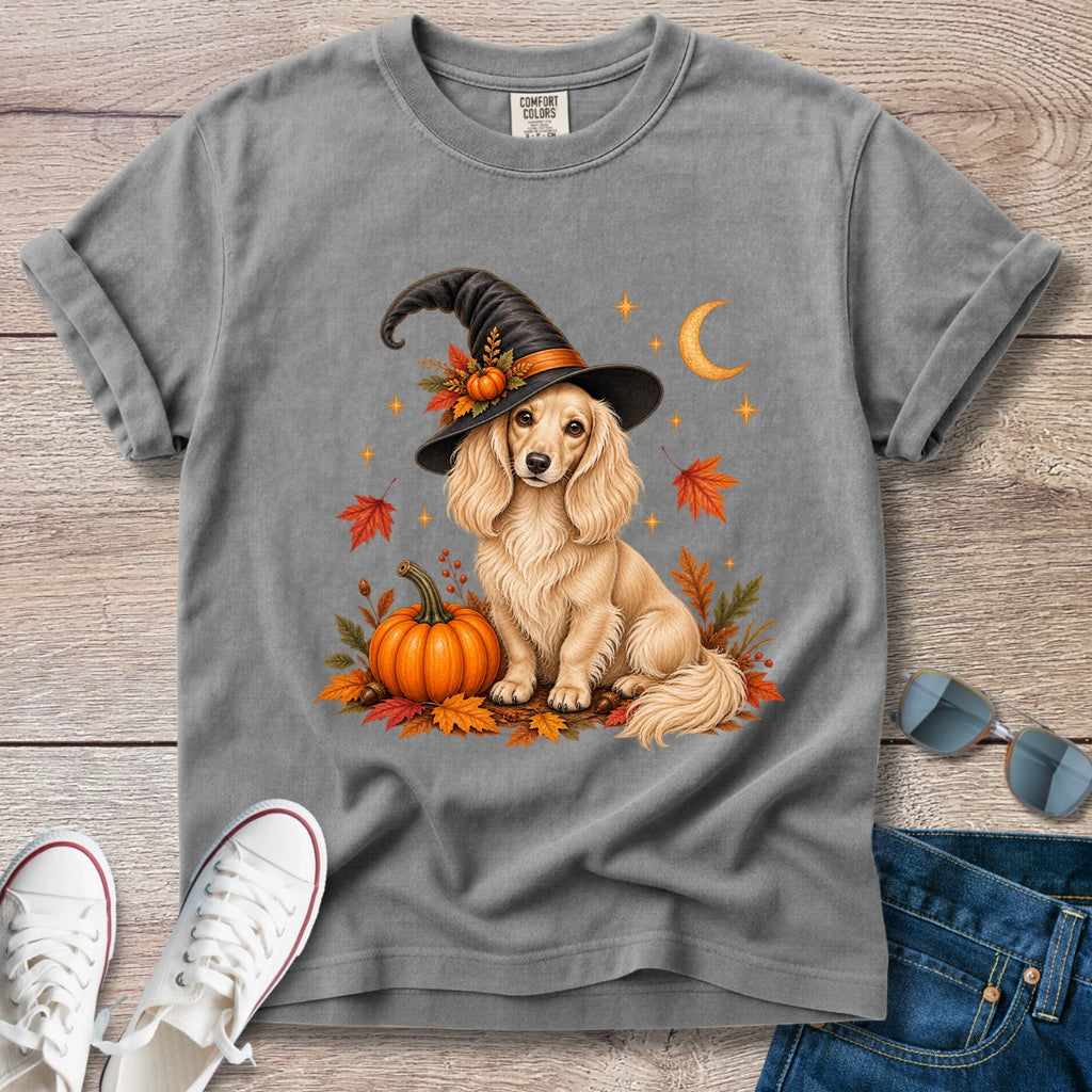 Fall Witch Dachshund T-Shirt | Cream Longhaired Doxie Autumn Tee