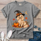 Fall Witch Dachshund T-Shirt | Cream Longhaired Doxie Autumn Tee