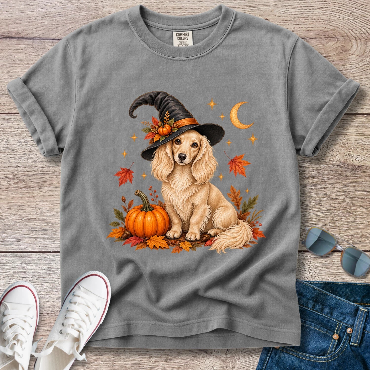 Fall Witch Dachshund T-Shirt | Cream Longhaired Doxie Autumn Tee