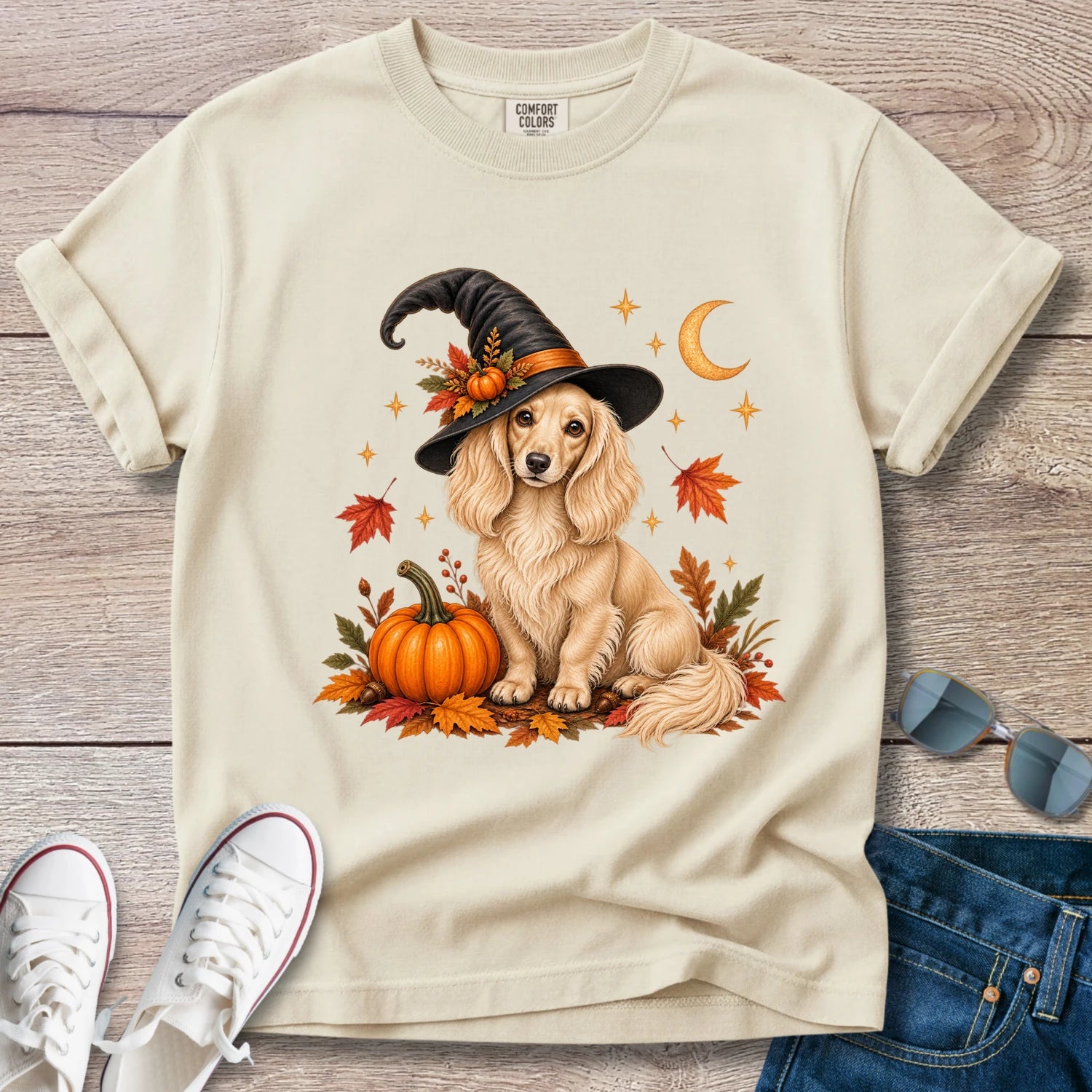 Fall Witch Dachshund T-Shirt | Cream Longhaired Doxie Autumn Tee