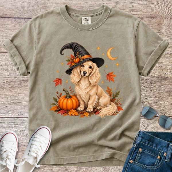 Fall Witch Dachshund T-Shirt | Cream Longhaired Doxie Autumn Tee