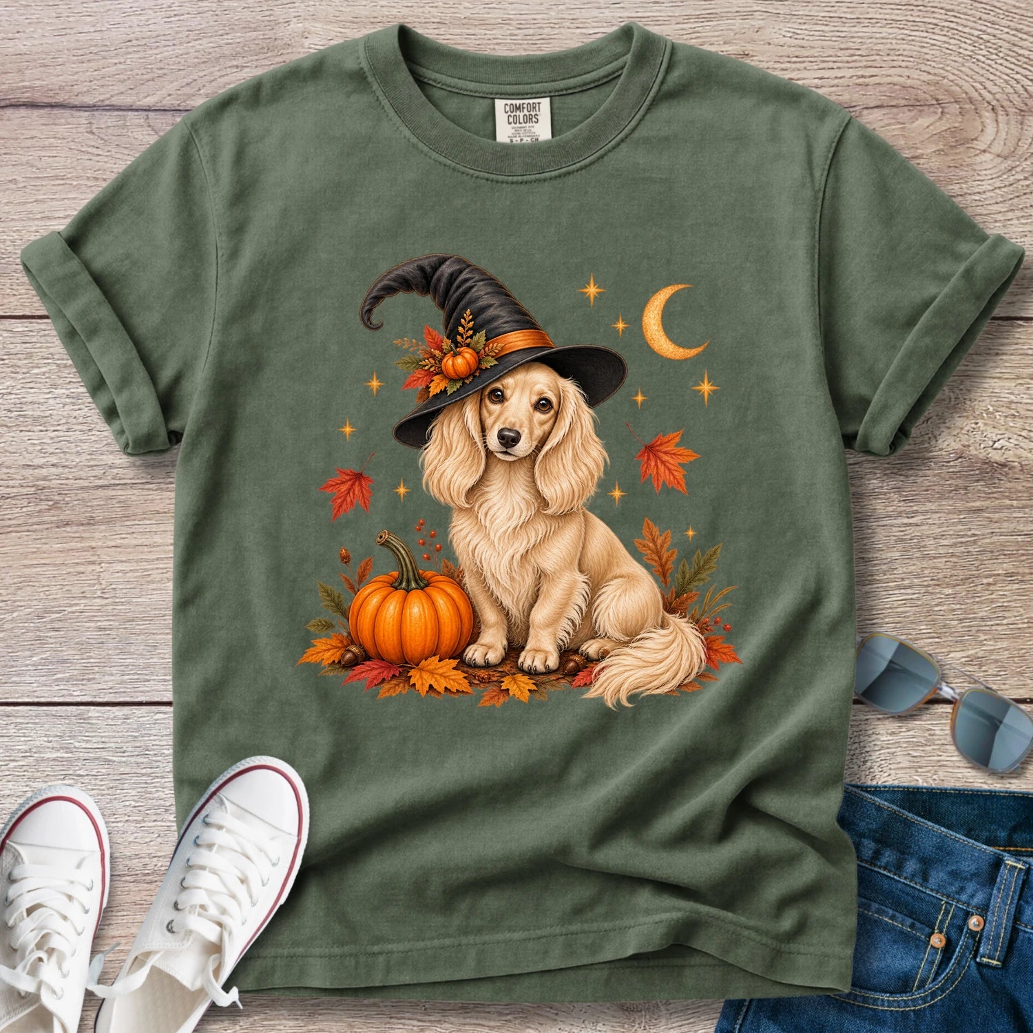 Fall Witch Dachshund T-Shirt | Cream Longhaired Doxie Autumn Tee