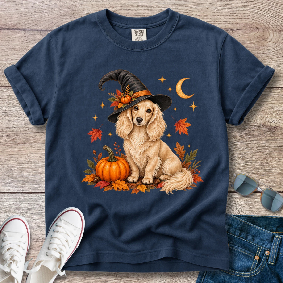 Fall Witch Dachshund T-Shirt | Cream Longhaired Doxie Autumn Tee