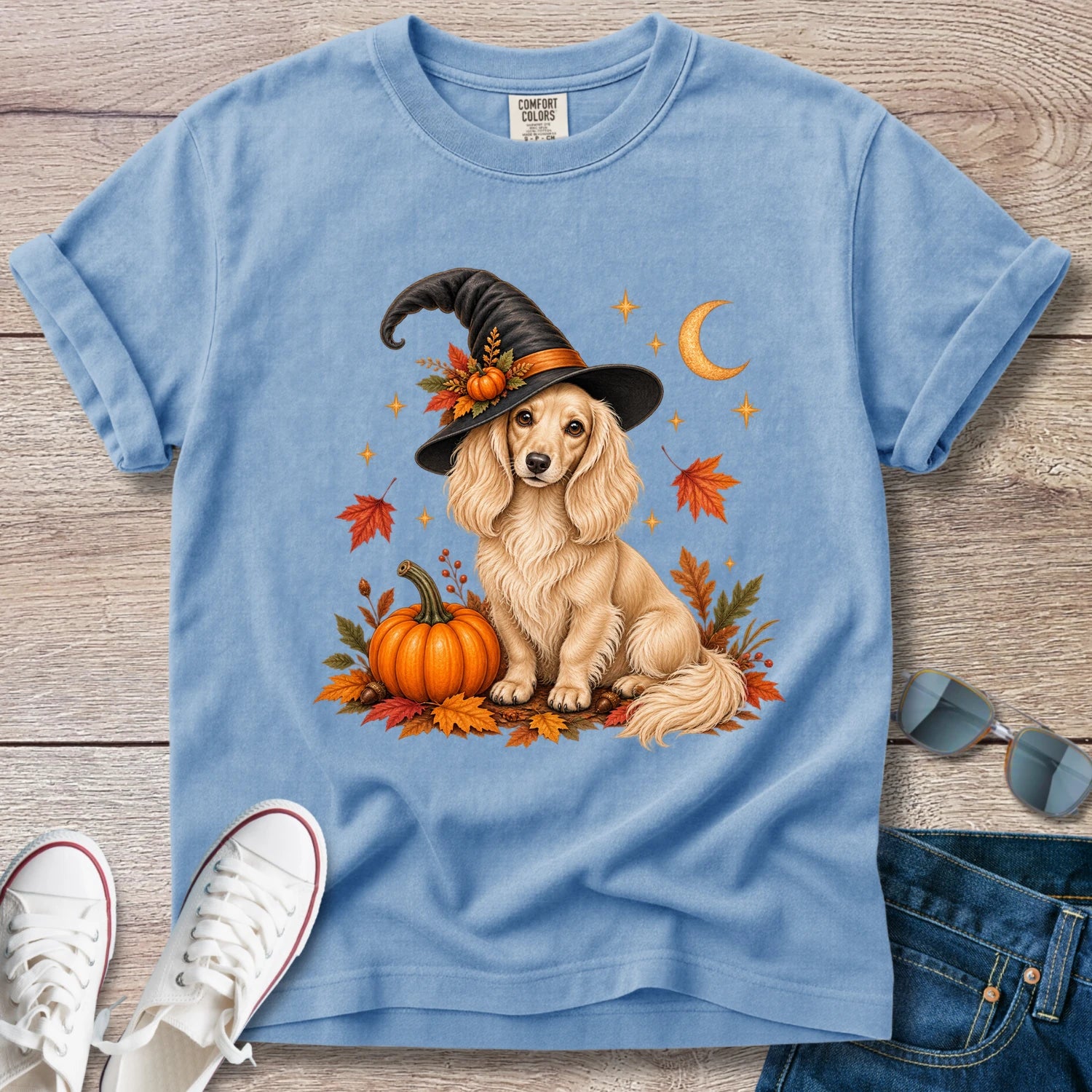 Fall Witch Dachshund T-Shirt | Cream Longhaired Doxie Autumn Tee