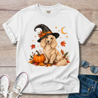 Fall Witch Dachshund T-Shirt | Cream Longhaired Doxie Autumn Tee