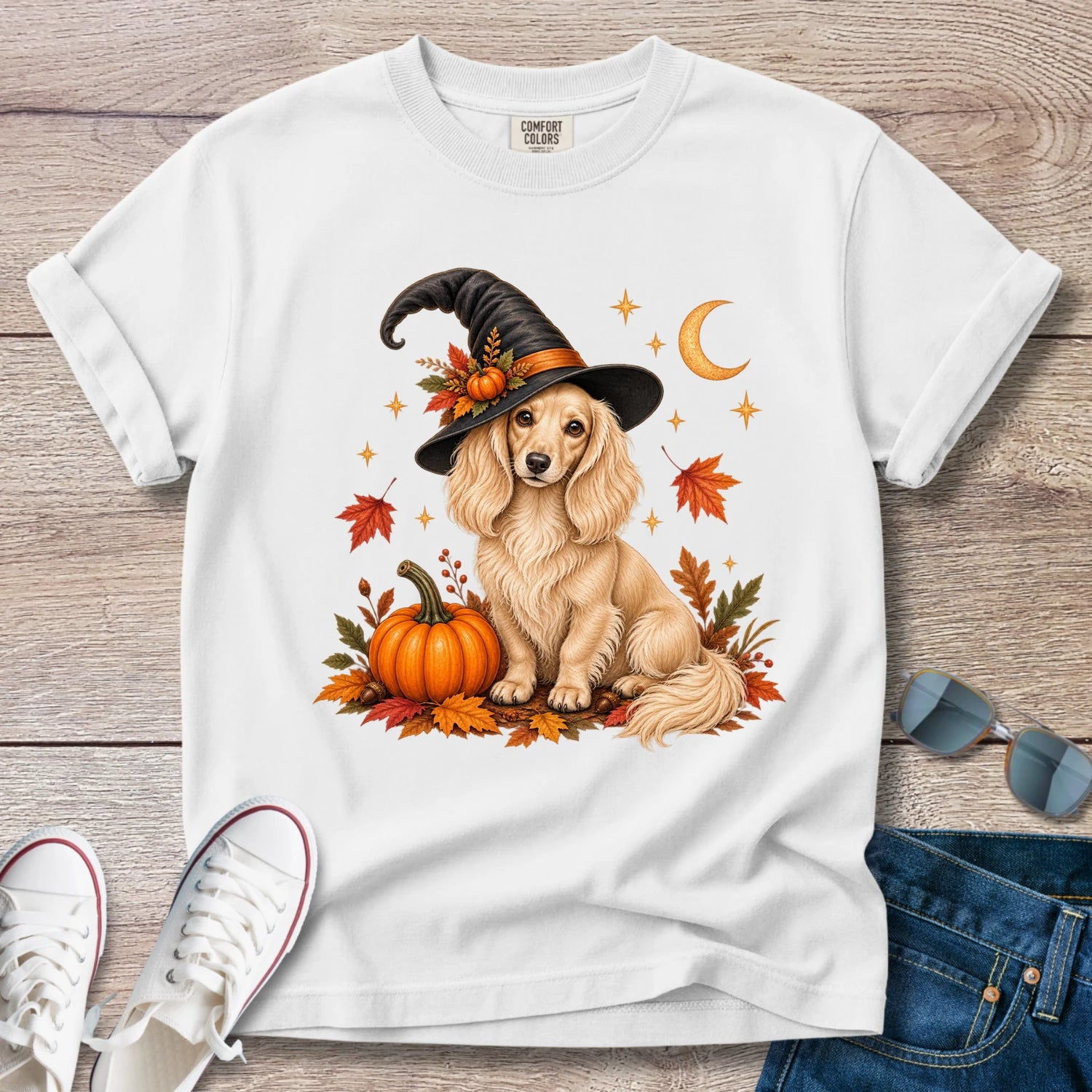 Fall Witch Dachshund T-Shirt | Cream Longhaired Doxie Autumn Tee