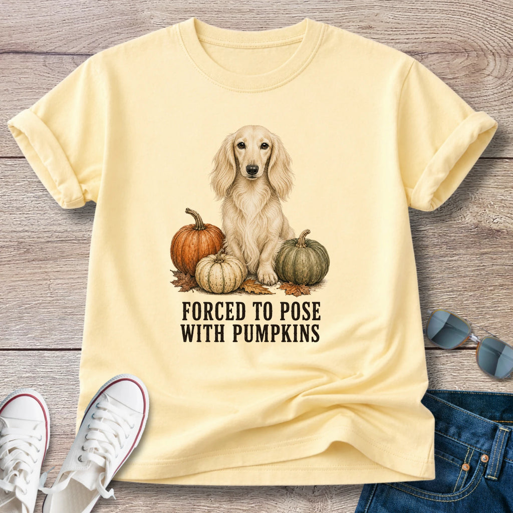 Forced to Pose With Pumpkins – Longhaired Dachshund Autumn Tee