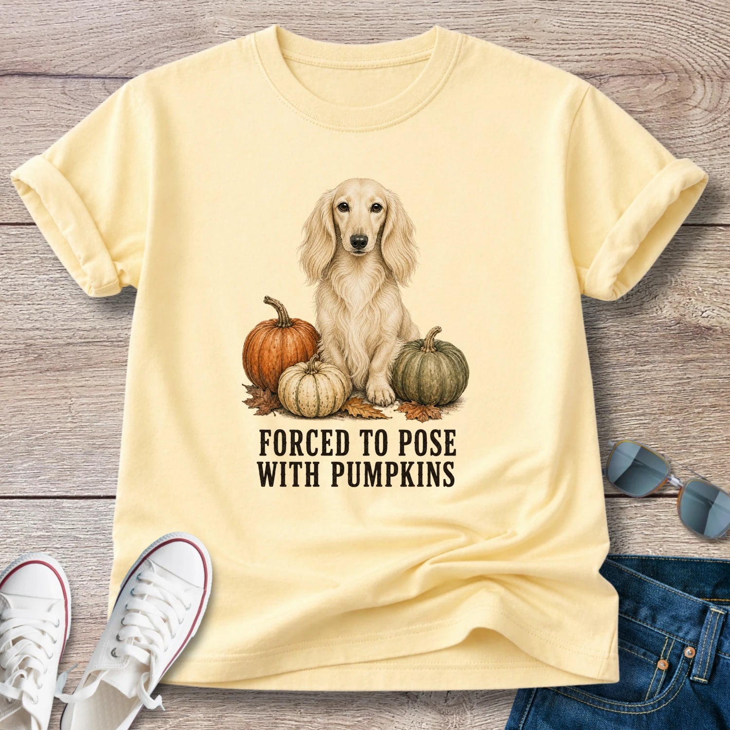 Forced to Pose With Pumpkins – Longhaired Dachshund Autumn Tee