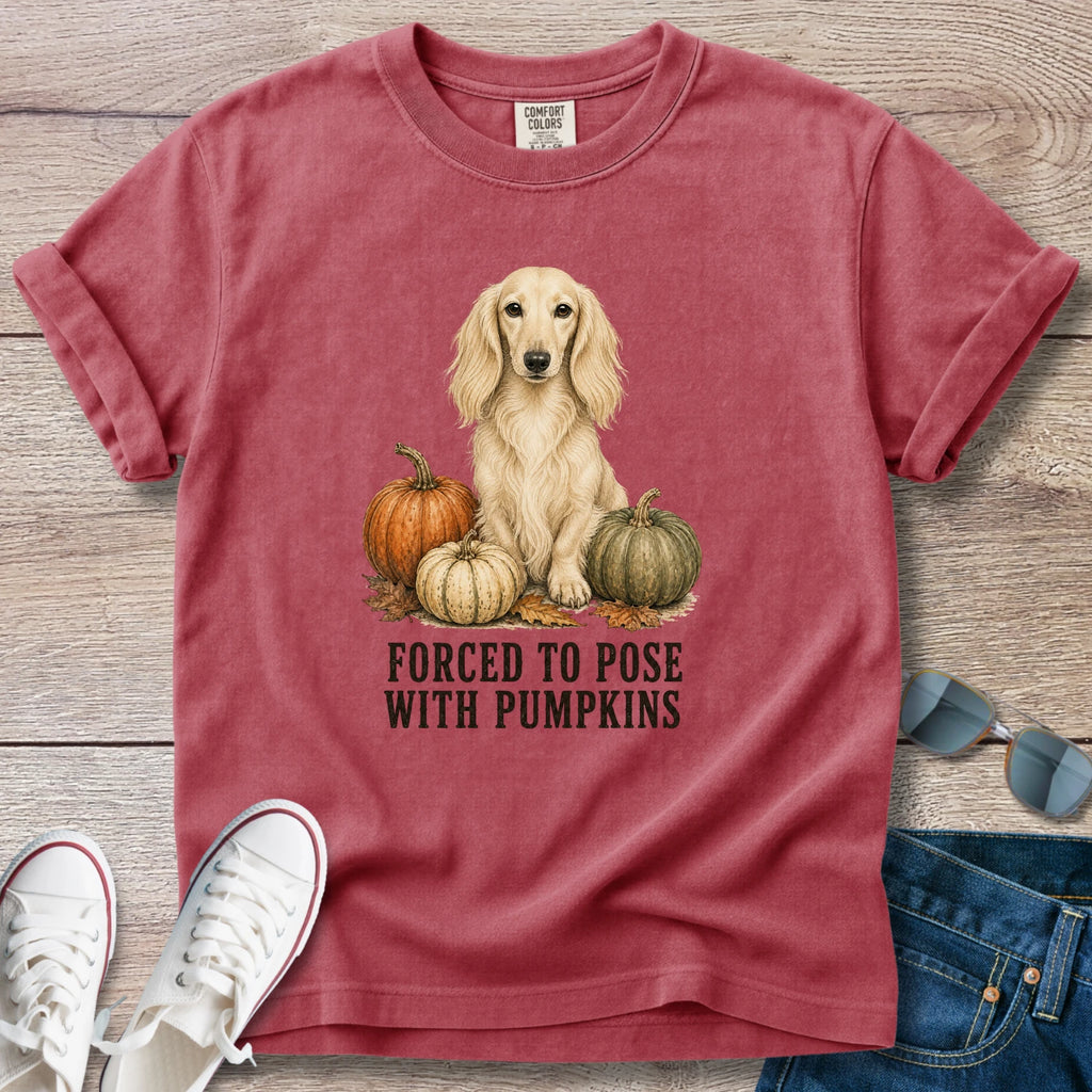 Forced to Pose With Pumpkins – Longhaired Dachshund Autumn Tee
