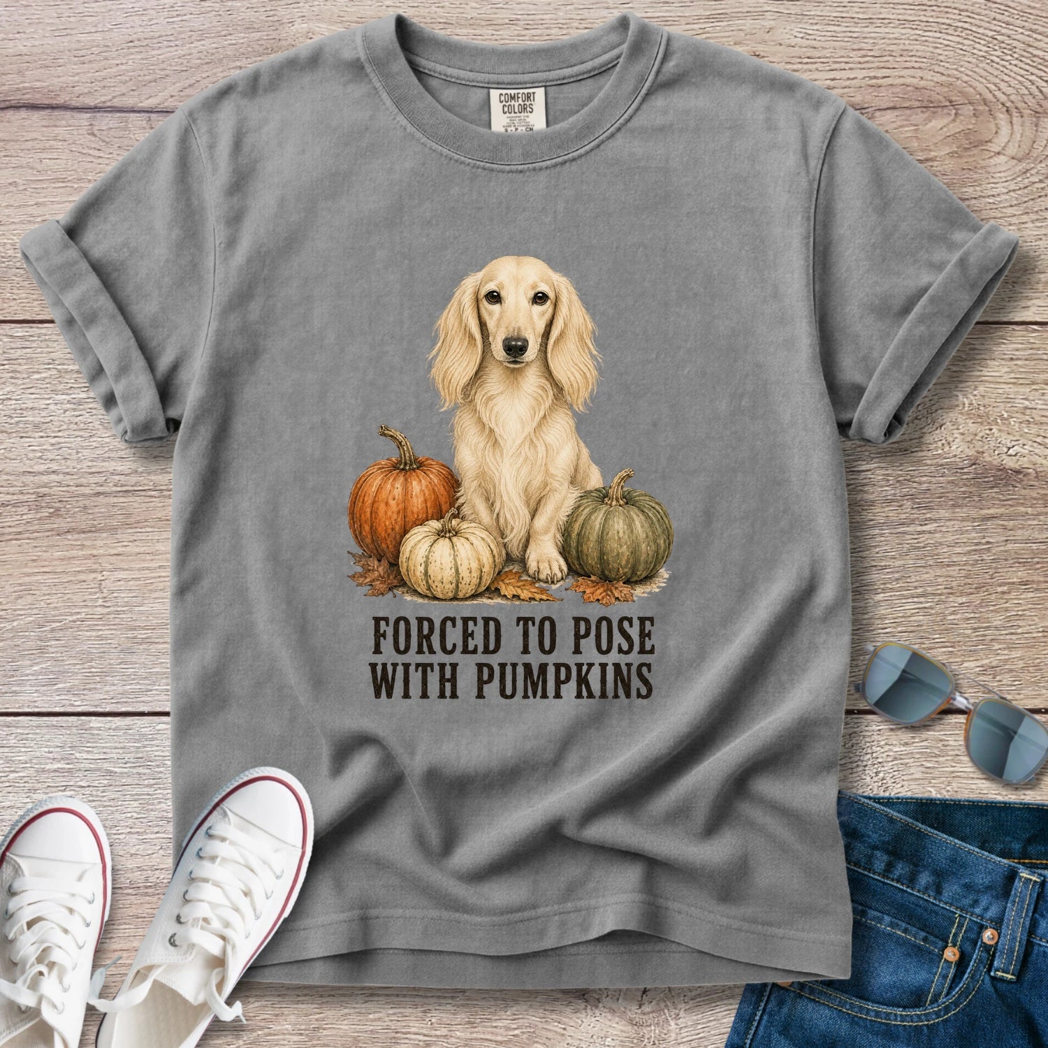 Forced to Pose With Pumpkins – Longhaired Dachshund Autumn Tee