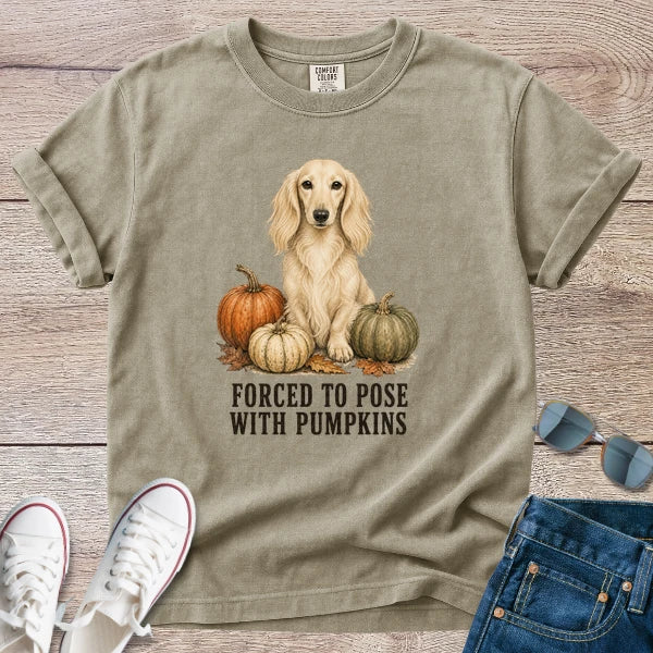 Forced to Pose With Pumpkins – Longhaired Dachshund Autumn Tee