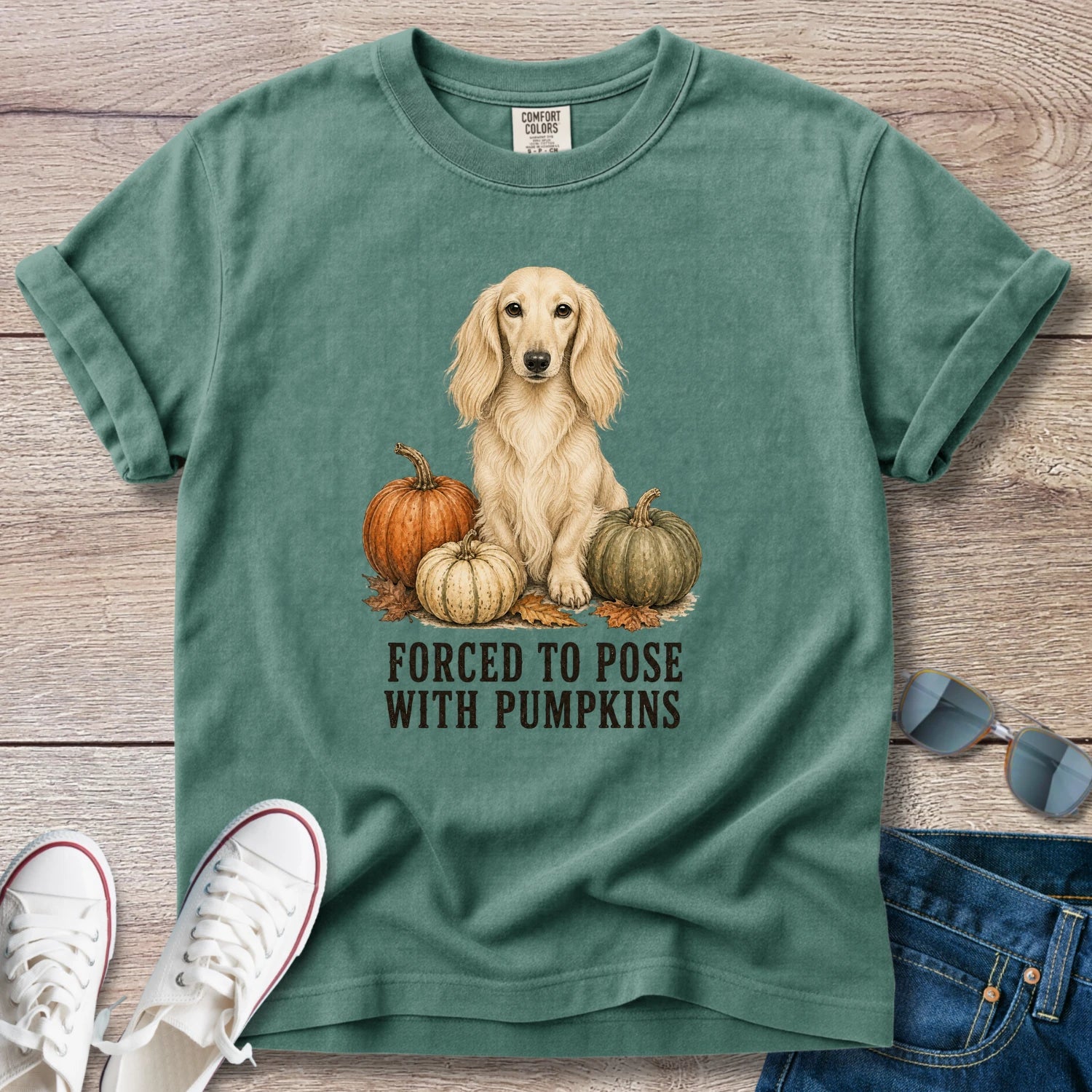 Forced to Pose With Pumpkins – Longhaired Dachshund Autumn Tee