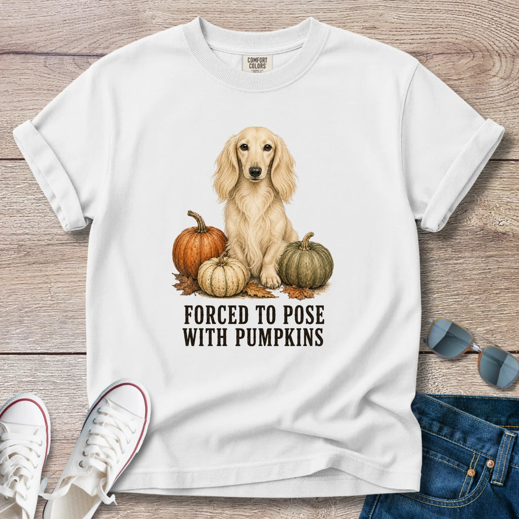 Forced to Pose With Pumpkins – Longhaired Dachshund Autumn Tee