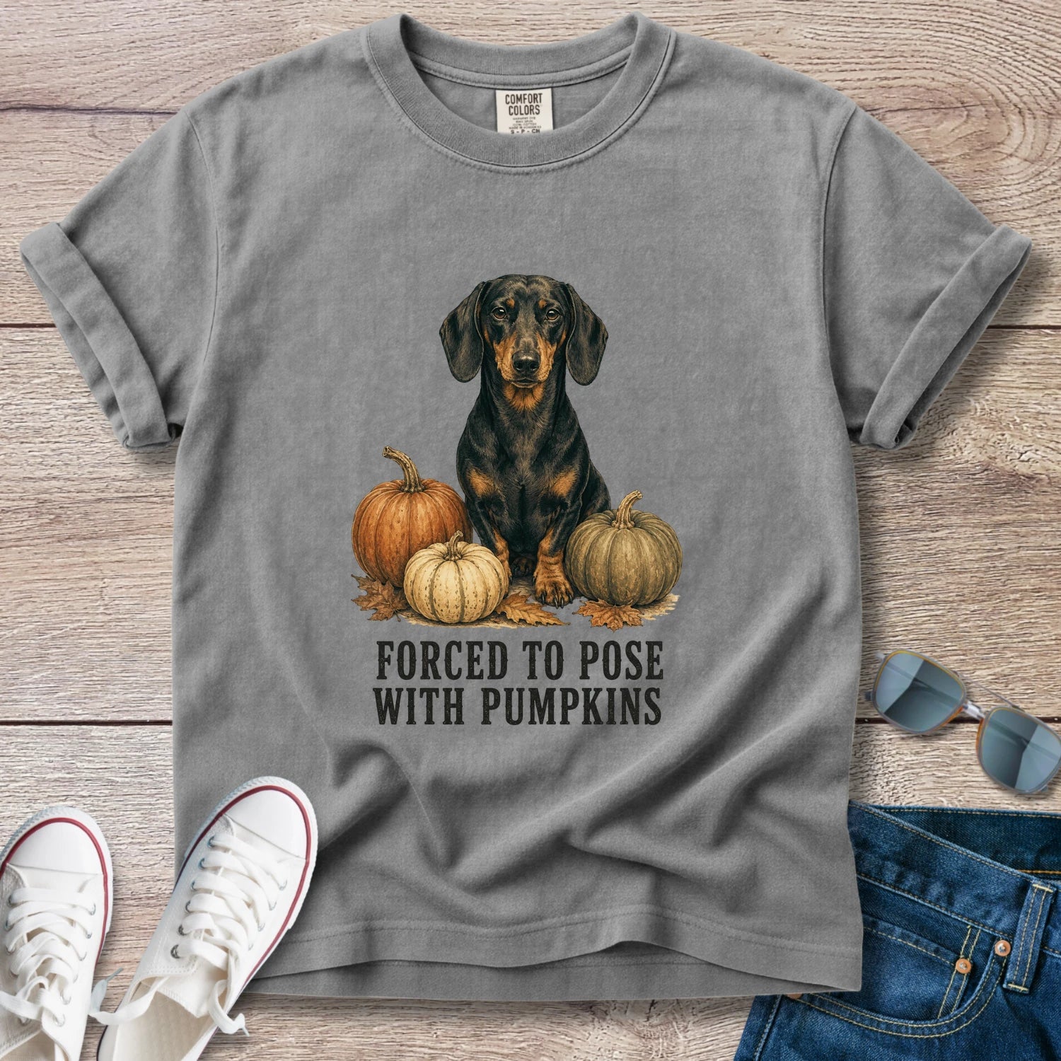 Forced to Pose with Pumpkins Dachshund Fall T-shirt