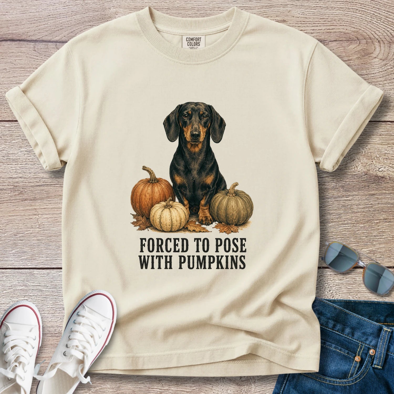 Forced to Pose with Pumpkins Dachshund Fall T-shirt