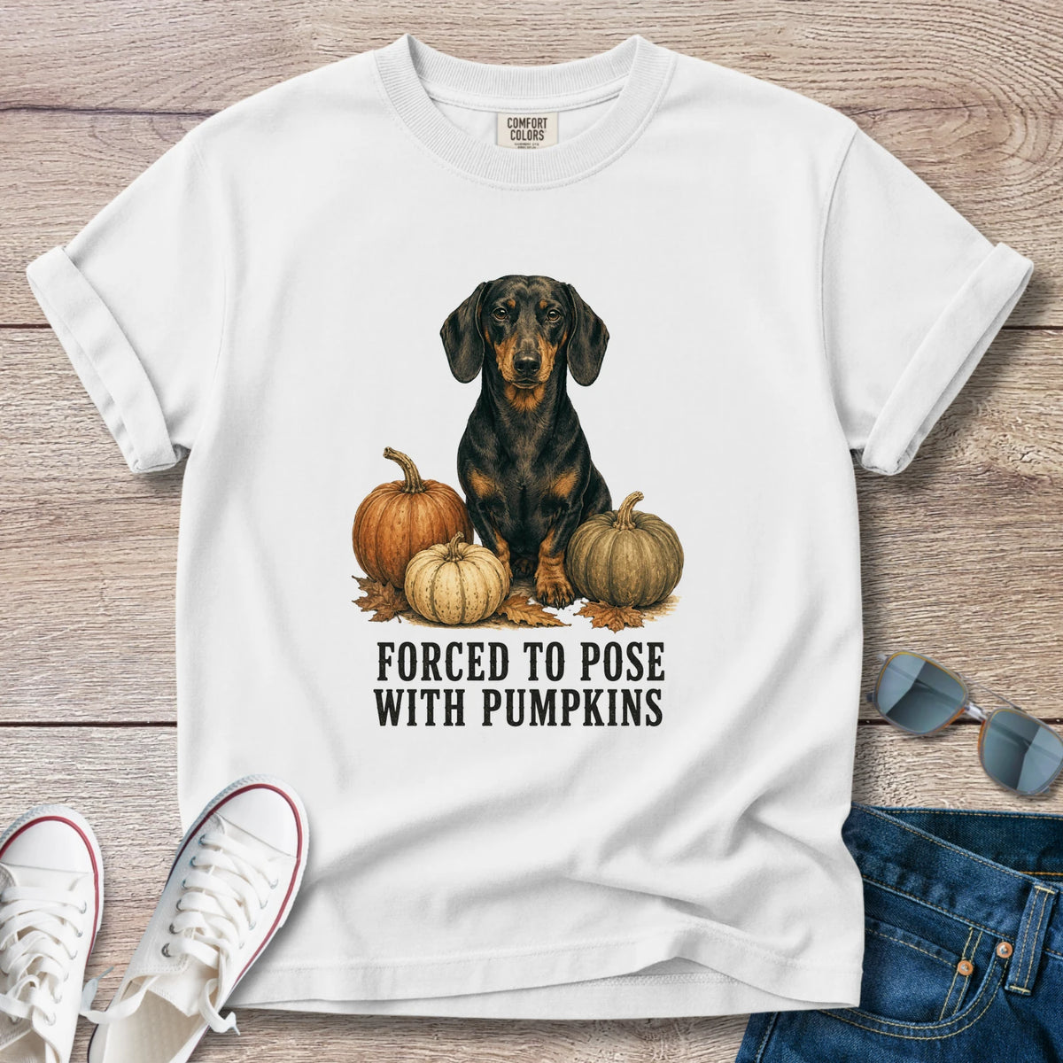 Forced to Pose with Pumpkins Dachshund Fall T-shirt