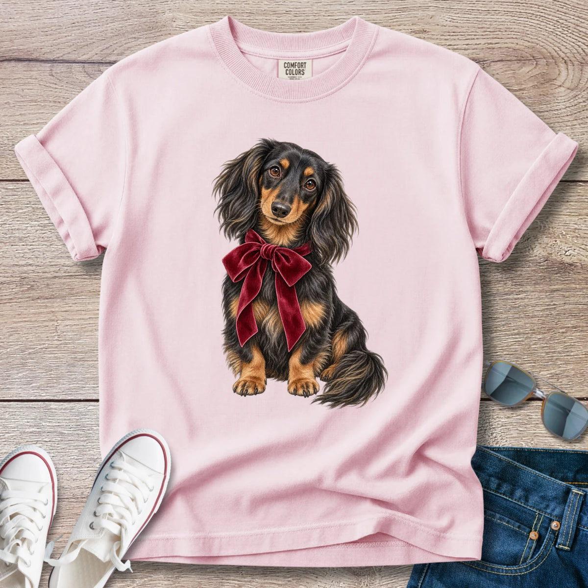 Longhaired Dachshund Holiday Bow T-Shirt