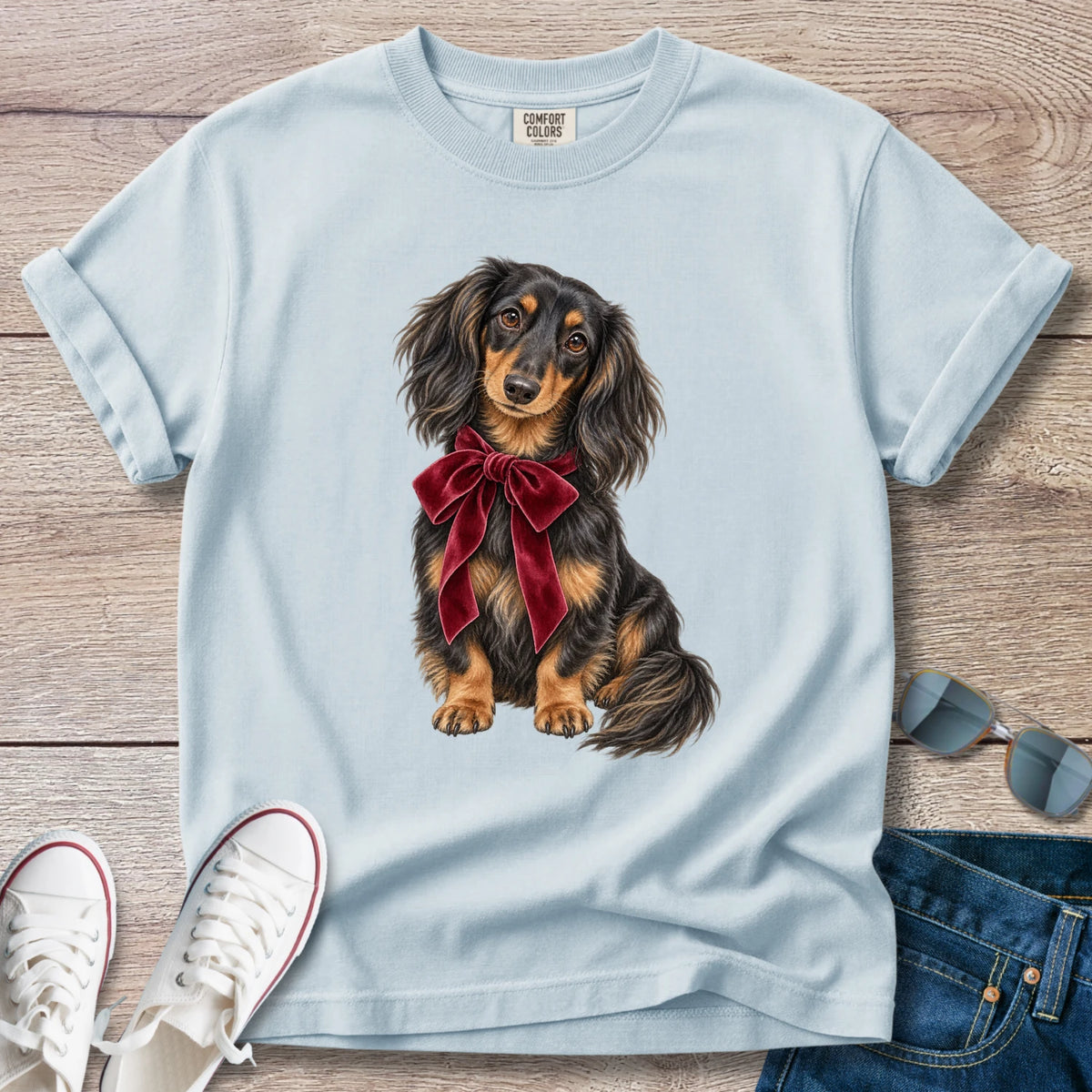 Longhaired Dachshund Holiday Bow T-Shirt