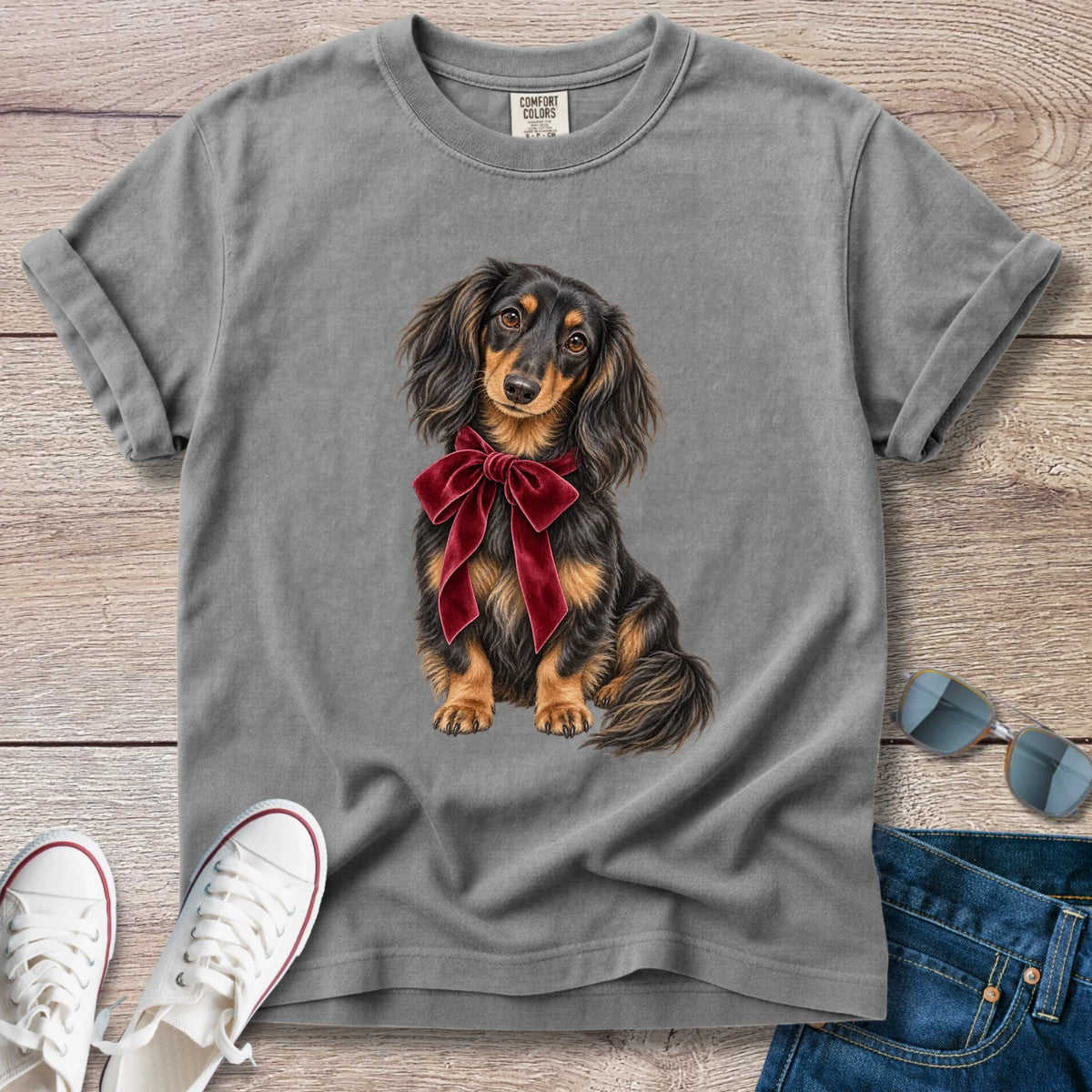 Longhaired Dachshund Holiday Bow T-Shirt