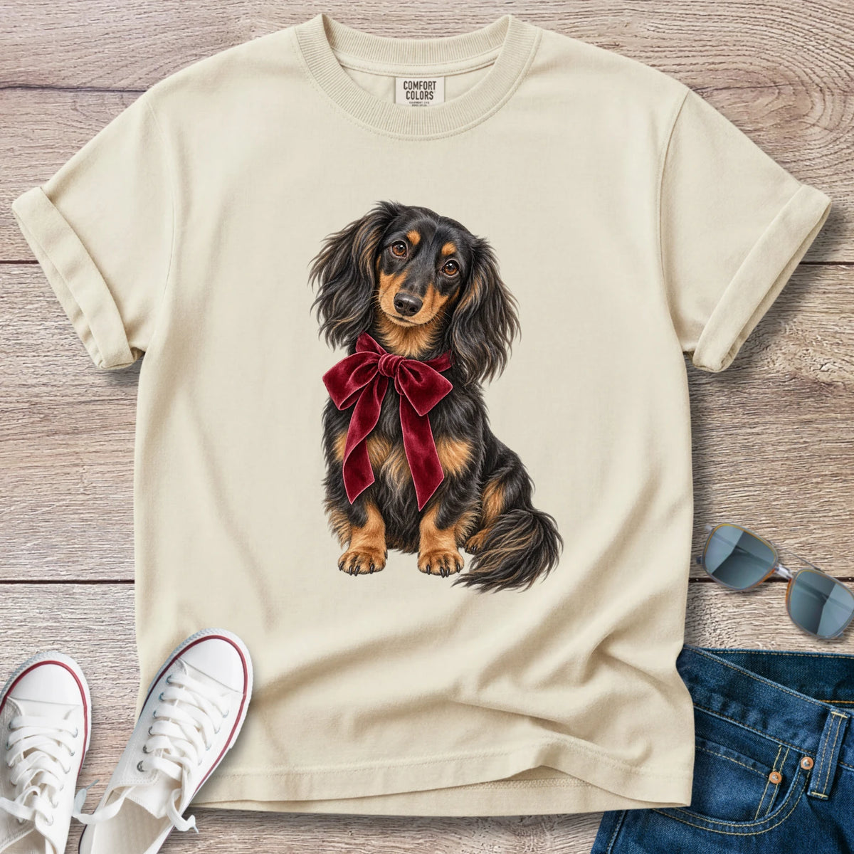 Longhaired Dachshund Holiday Bow T-Shirt