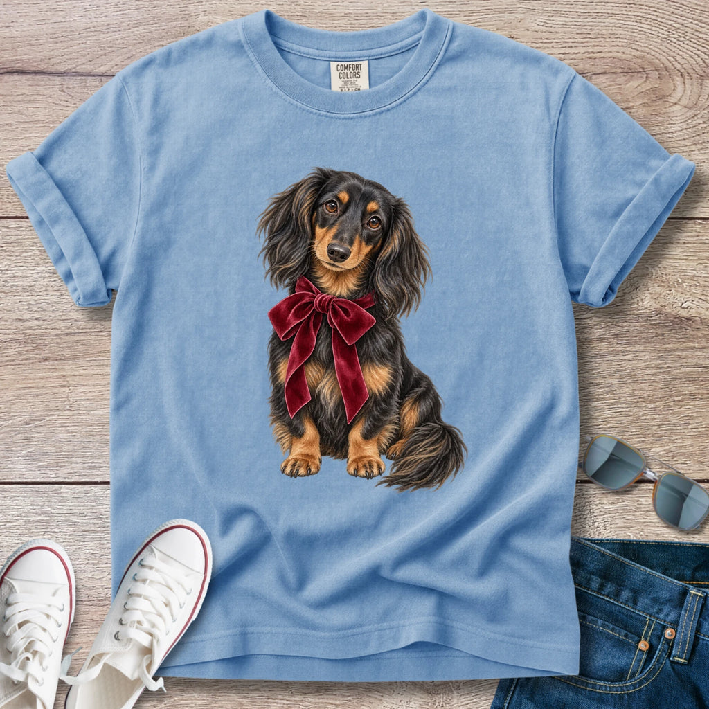 Longhaired Dachshund Holiday Bow T-Shirt
