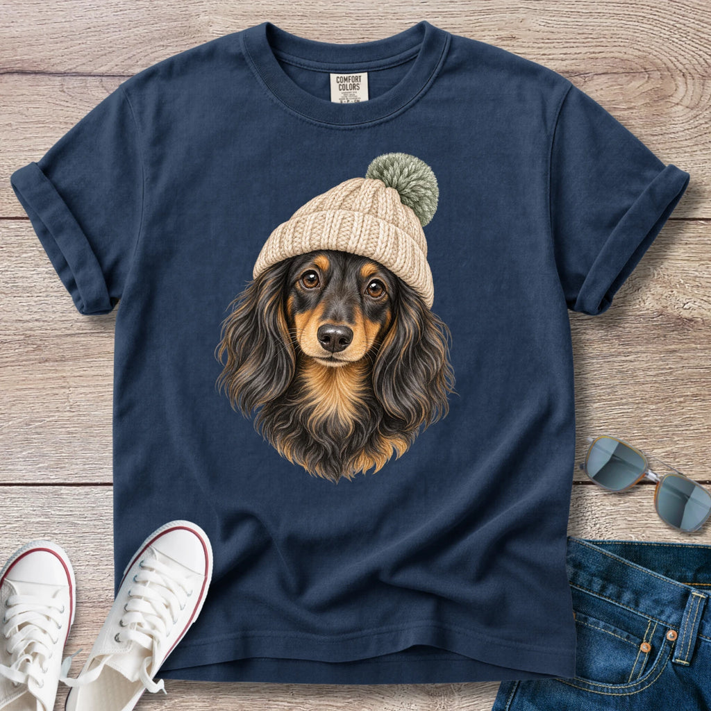 Longhaired Dachshund Knit Hat Fall T-shirt