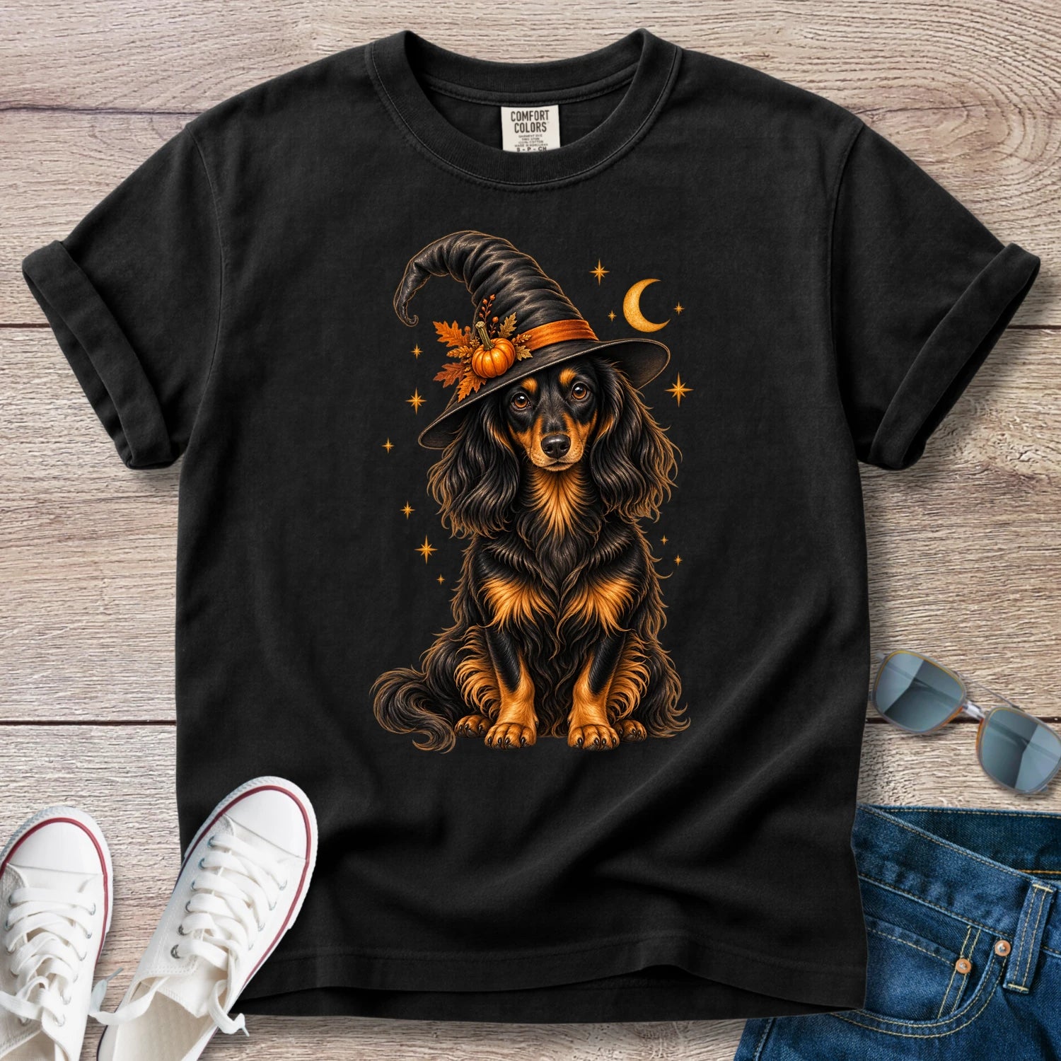 Longhaired Dachshund Witch Halloween T-Shirt