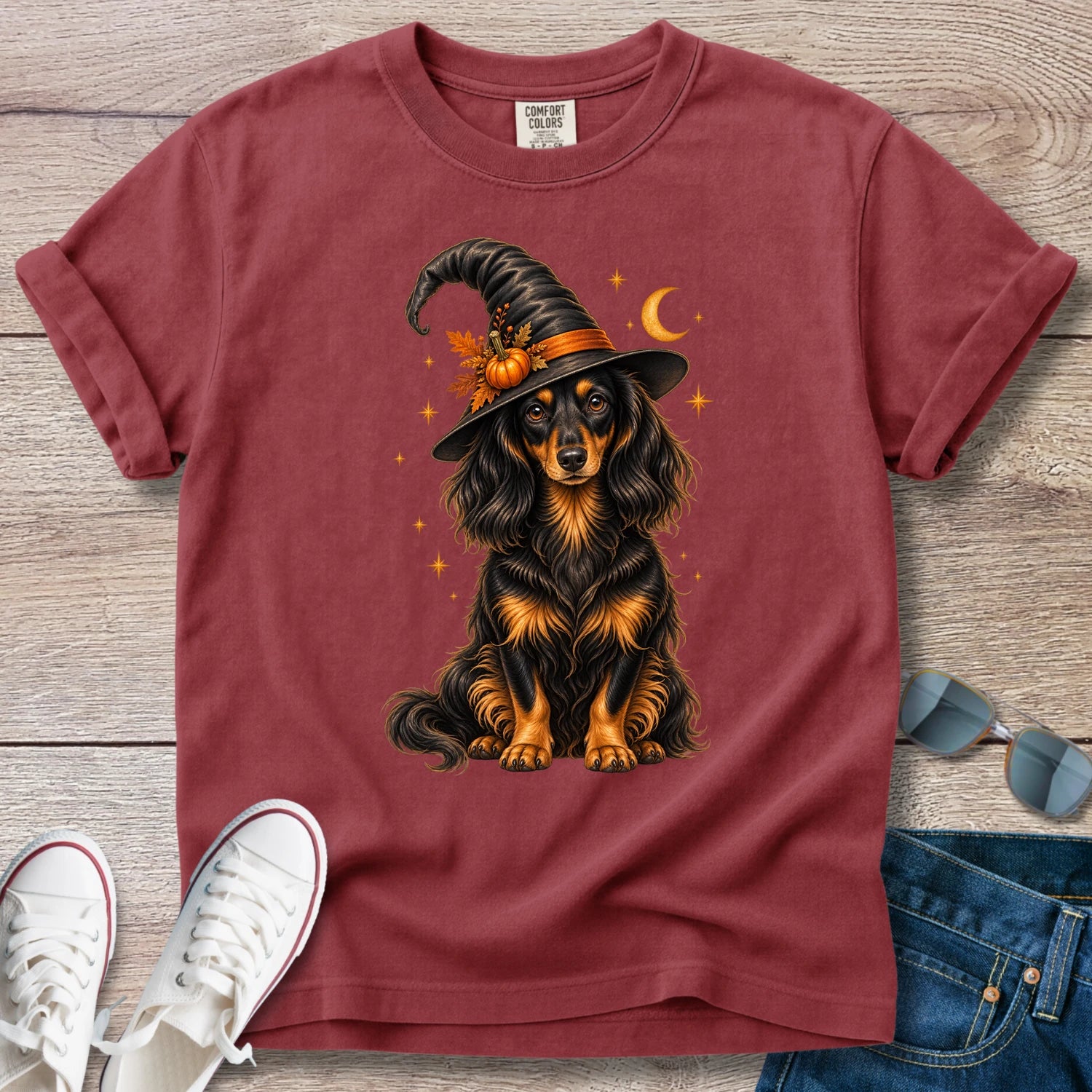 Longhaired Dachshund Witch Halloween T-Shirt