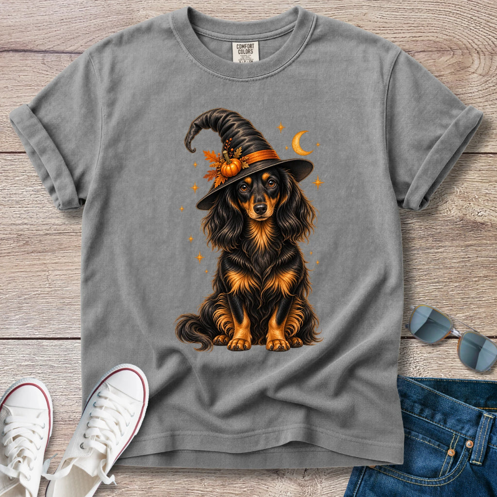 Longhaired Dachshund Witch Halloween T-Shirt