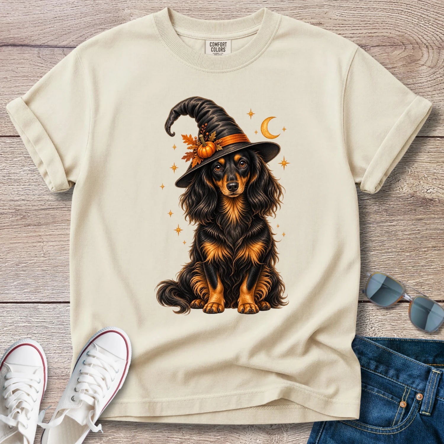 Longhaired Dachshund Witch Halloween T-Shirt