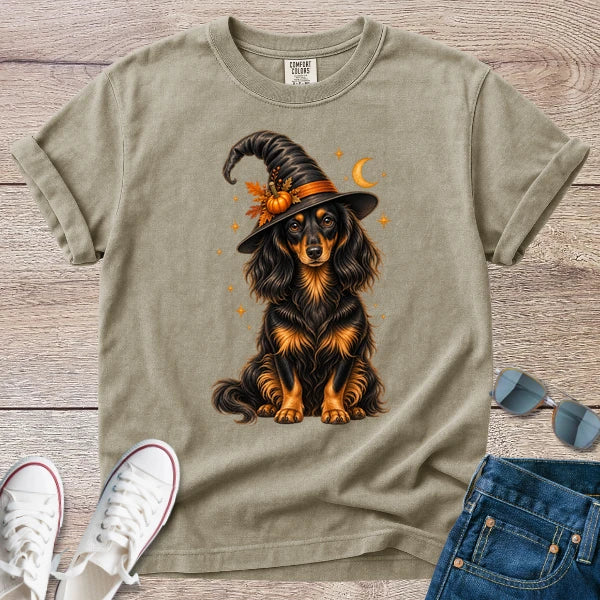 Longhaired Dachshund Witch Halloween T-Shirt