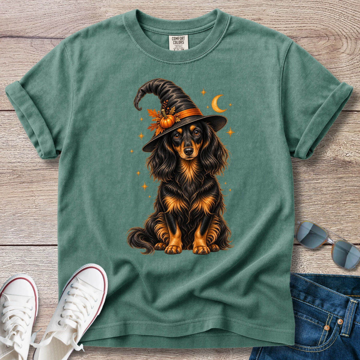 Longhaired Dachshund Witch Halloween T-Shirt
