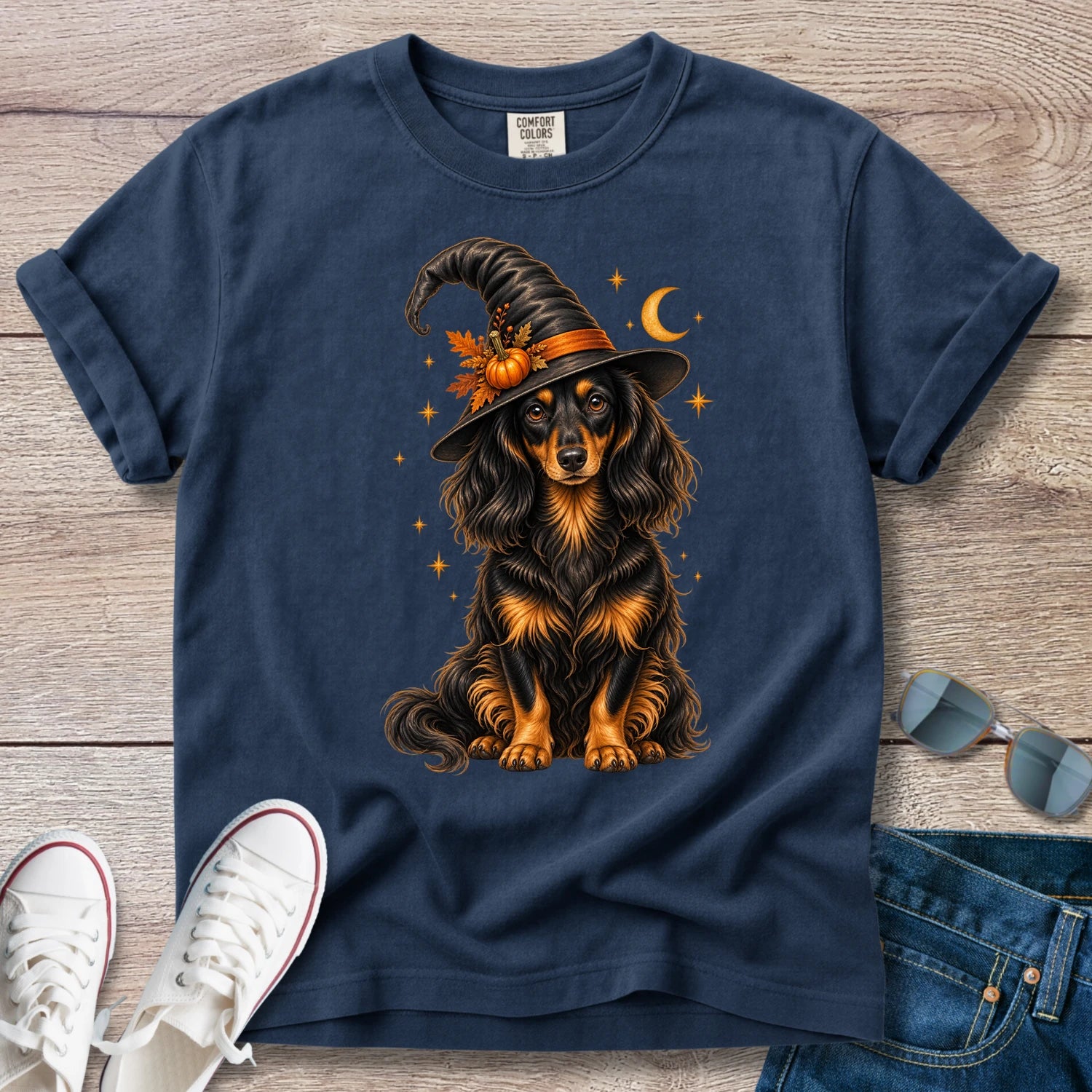 Longhaired Dachshund Witch Halloween T-Shirt