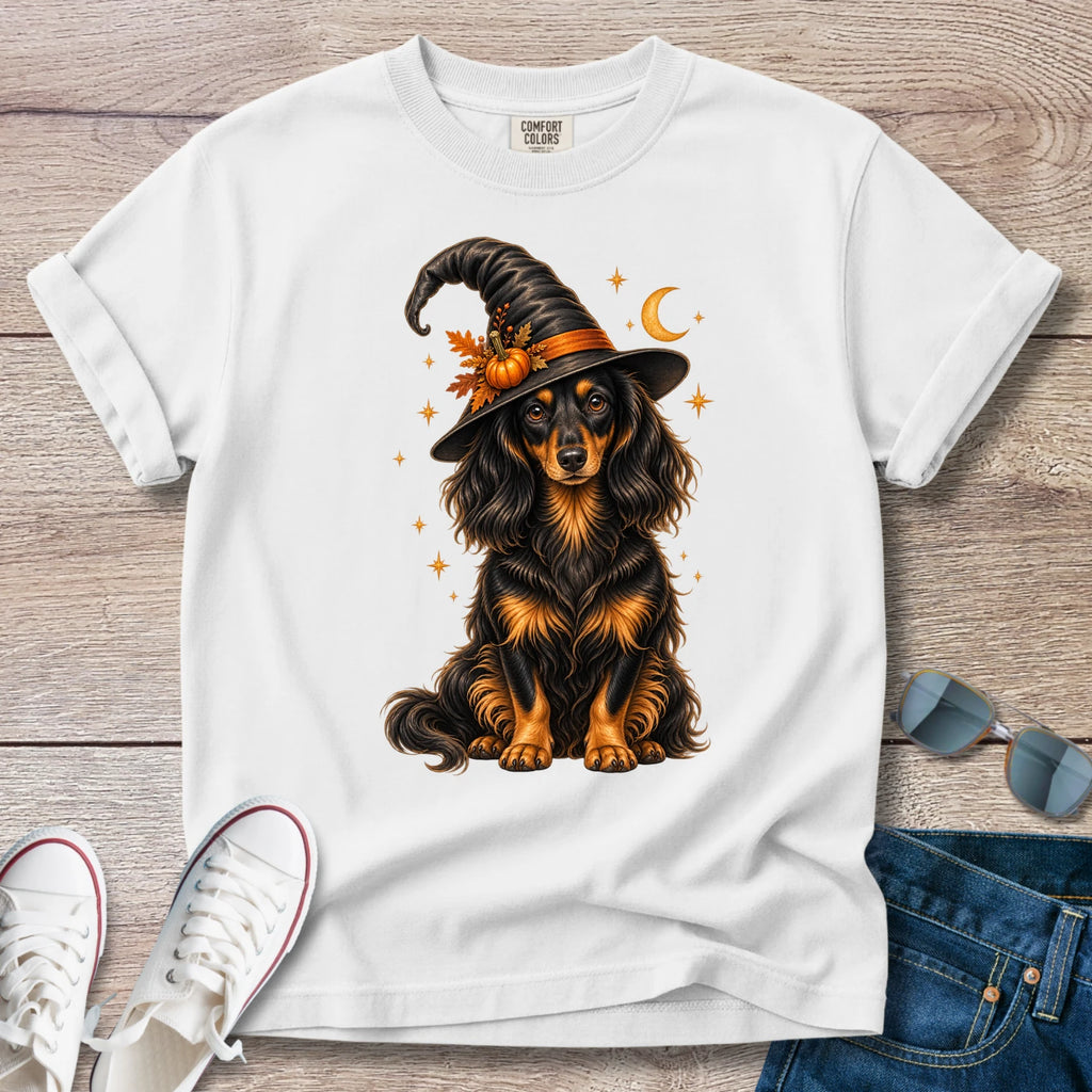 Longhaired Dachshund Witch Halloween T-Shirt
