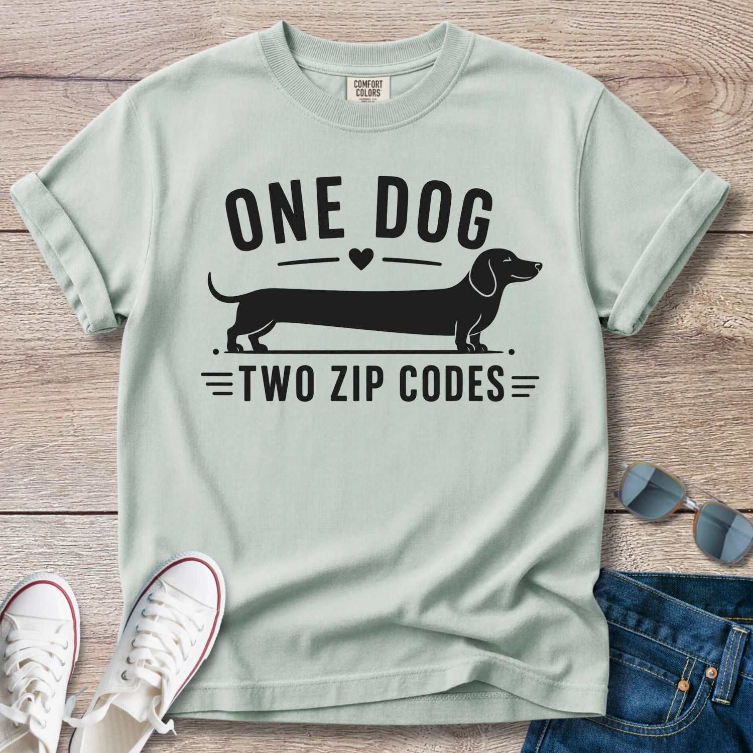 One Dog, Two Zip Codes - Funny Dachshund T-Shirt