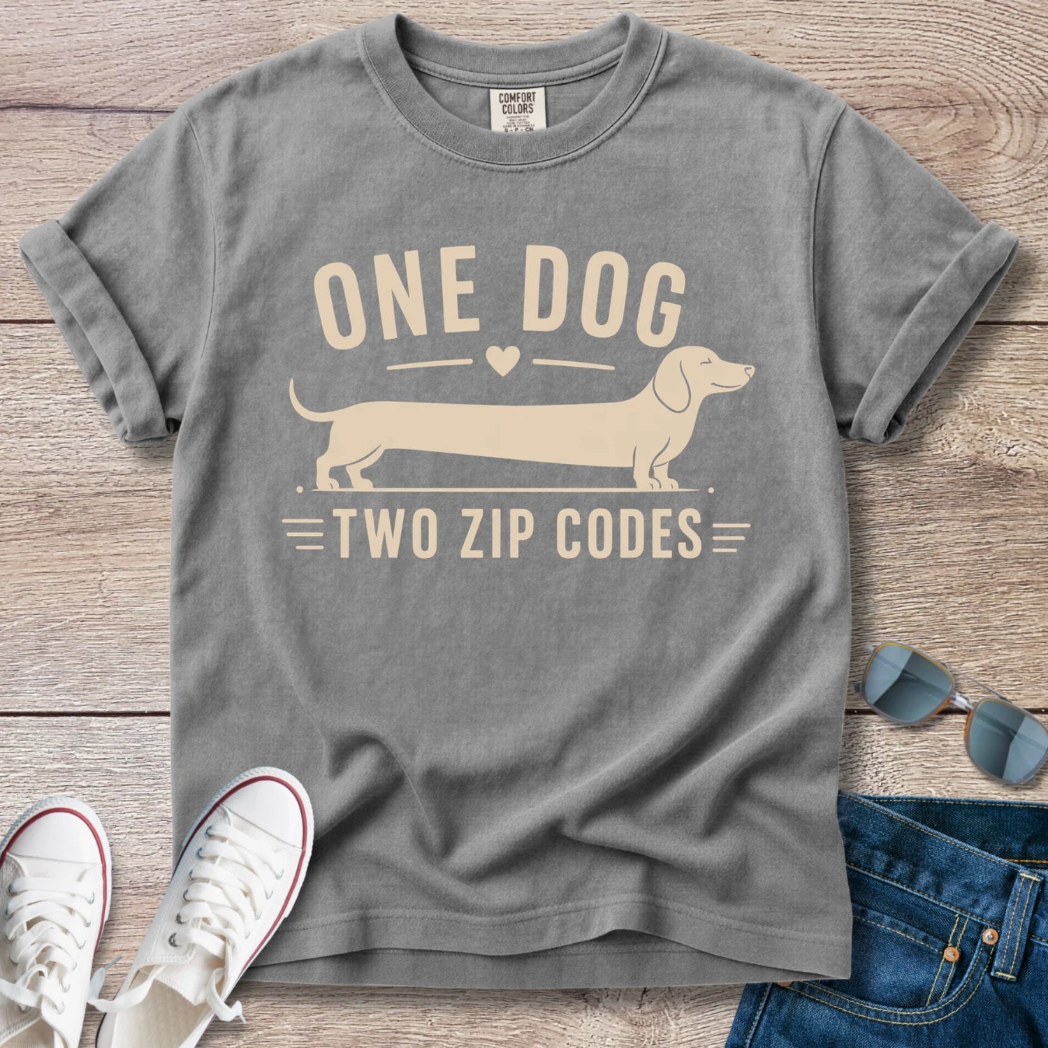 One Dog, Two Zip Codes - Funny Dachshund T-Shirt