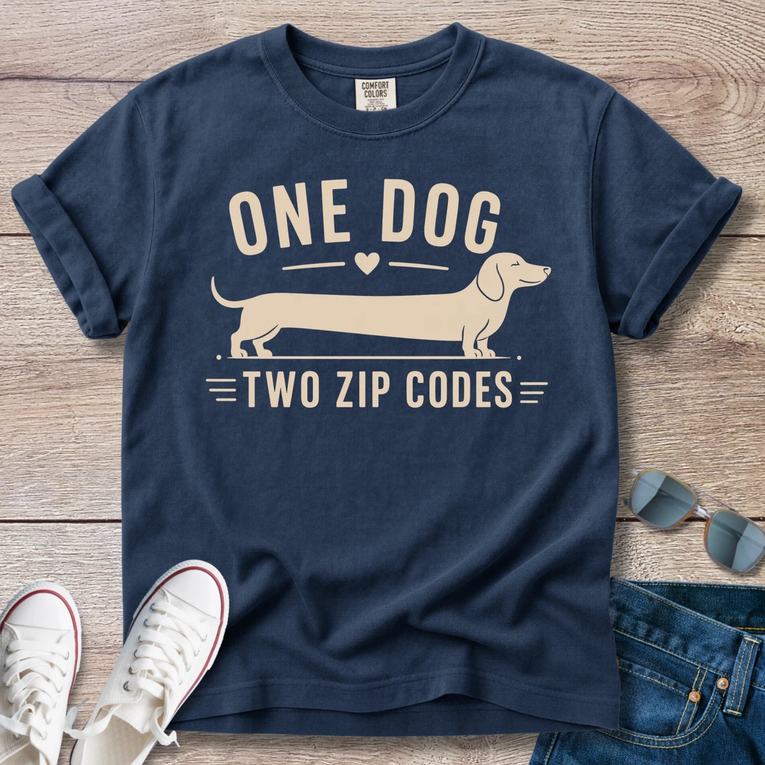 One Dog, Two Zip Codes - Funny Dachshund T-Shirt