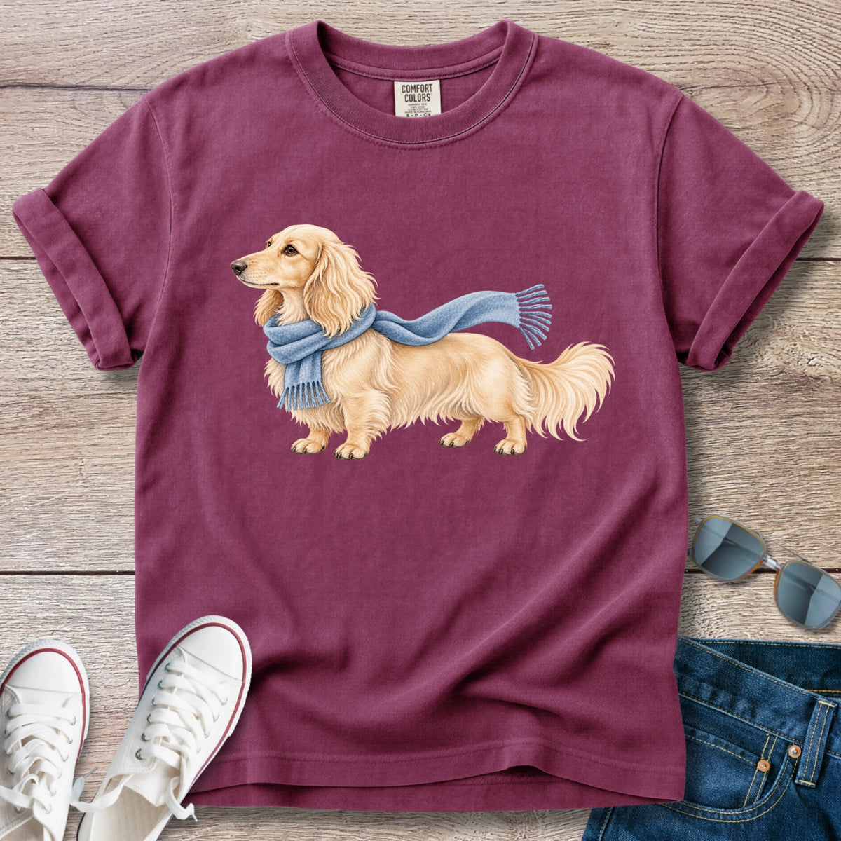 Cream Longhaired Dachshund Blue Scarf T-Shirt
