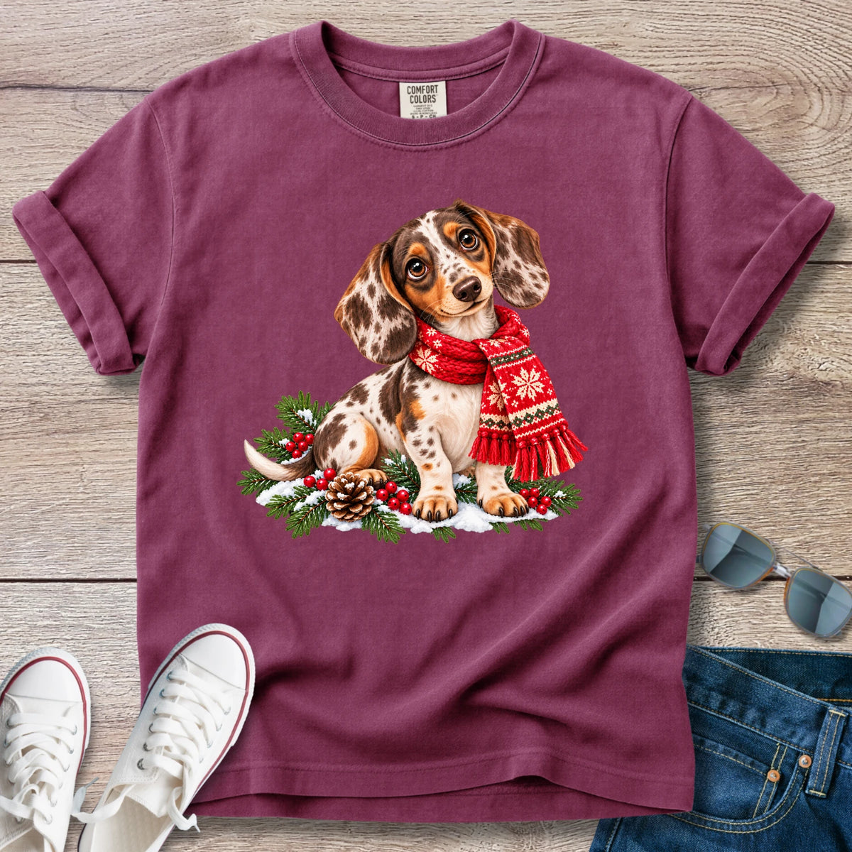 Chocolate Dapple Dachshund Christmas Scarf T-Shirt
