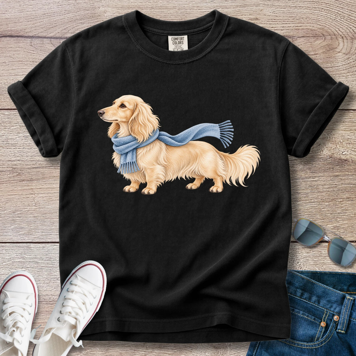 Cream Longhaired Dachshund Blue Scarf T-Shirt