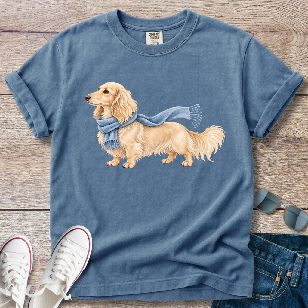 Cream Longhaired Dachshund Blue Scarf T-Shirt