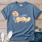 Cream Longhaired Dachshund Blue Scarf T-Shirt