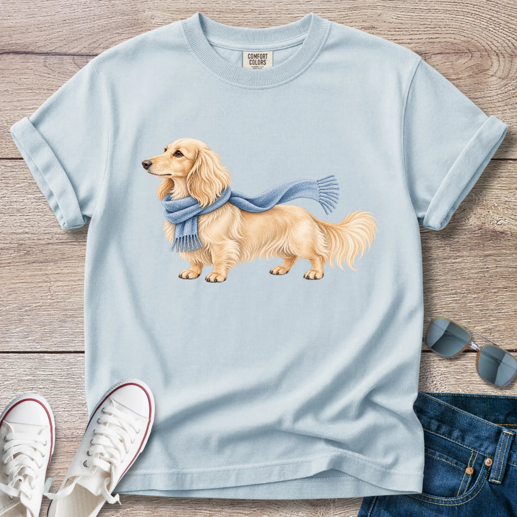 Cream Longhaired Dachshund Blue Scarf T-Shirt