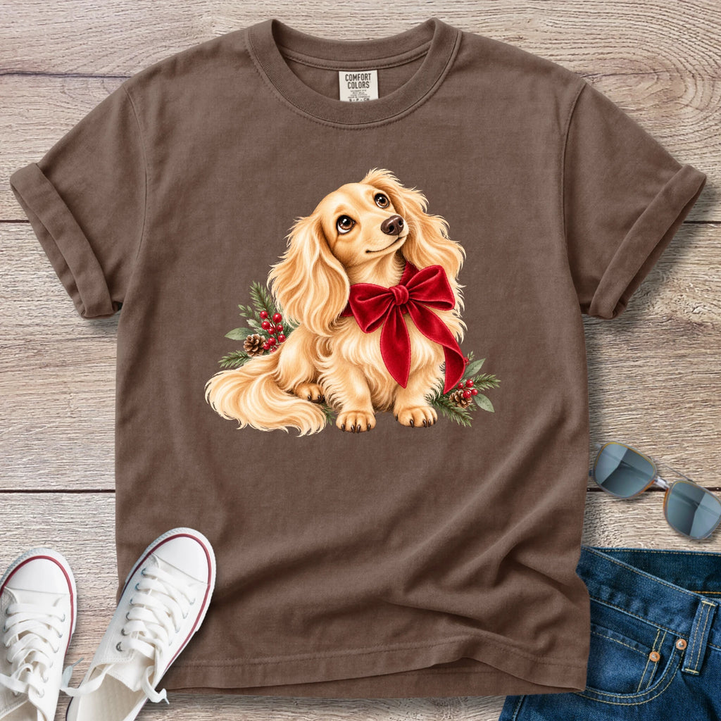 Cream Longhaired Dachshund Christmas Bow T-Shirt