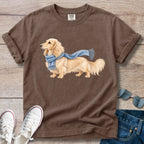 Cream Longhaired Dachshund Blue Scarf T-Shirt