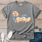 Cream Longhaired Dachshund Blue Scarf T-Shirt