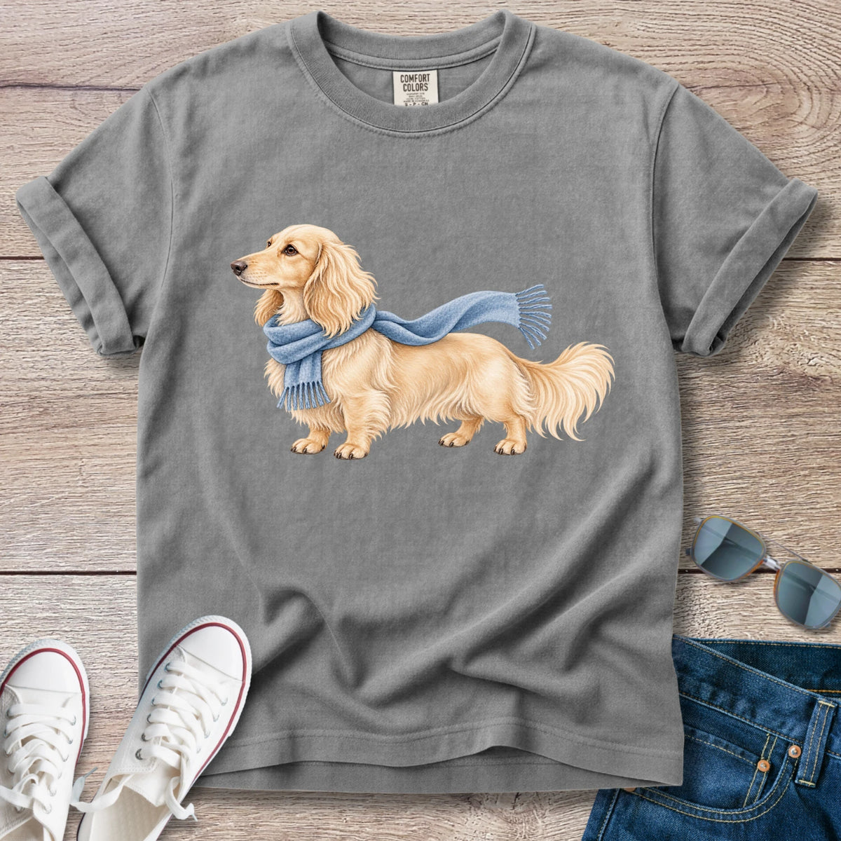 Cream Longhaired Dachshund Blue Scarf T-Shirt