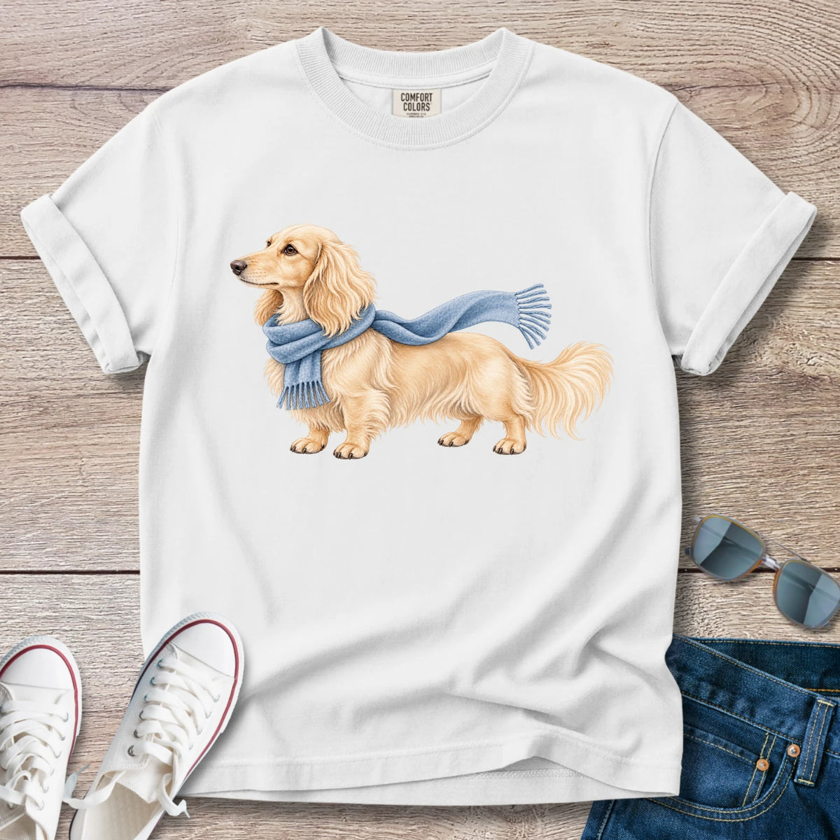 Cream Longhaired Dachshund Blue Scarf T-Shirt