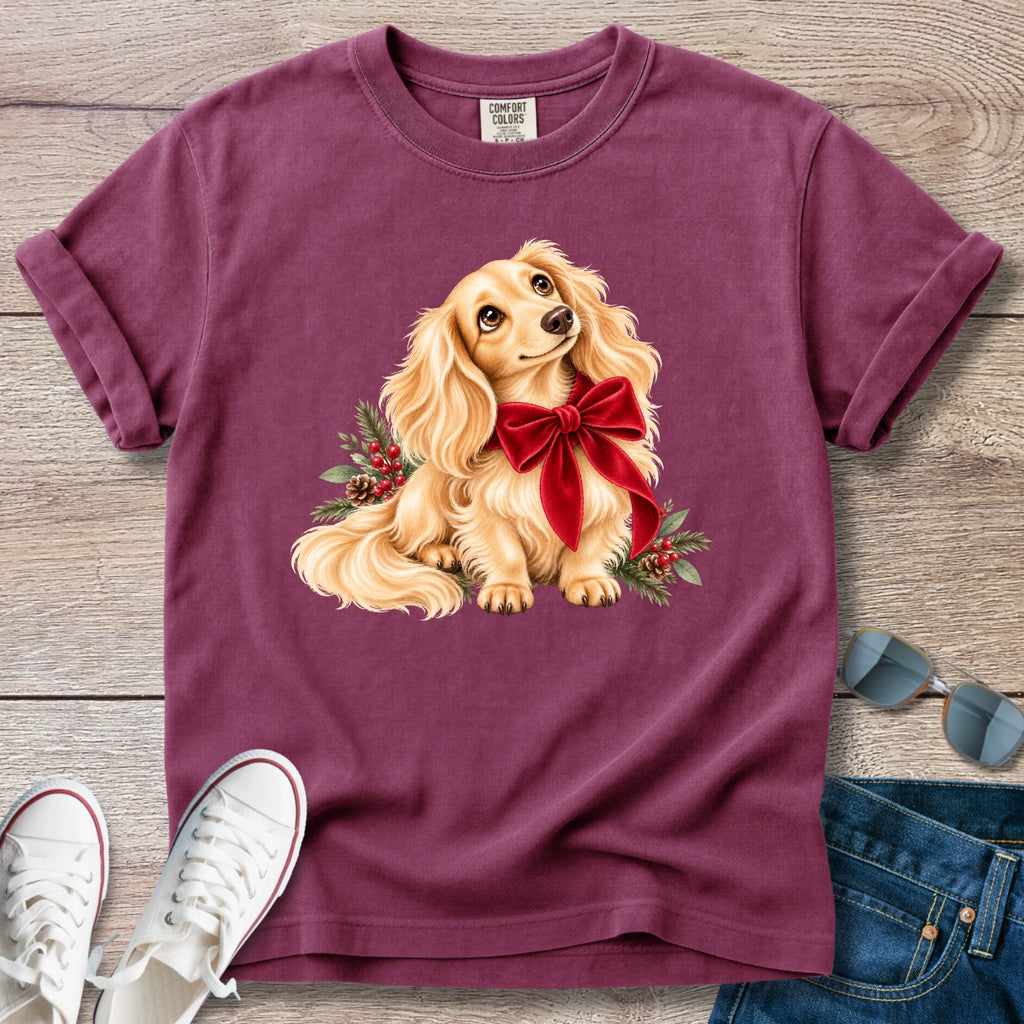 Cream Longhaired Dachshund Christmas Bow T-Shirt